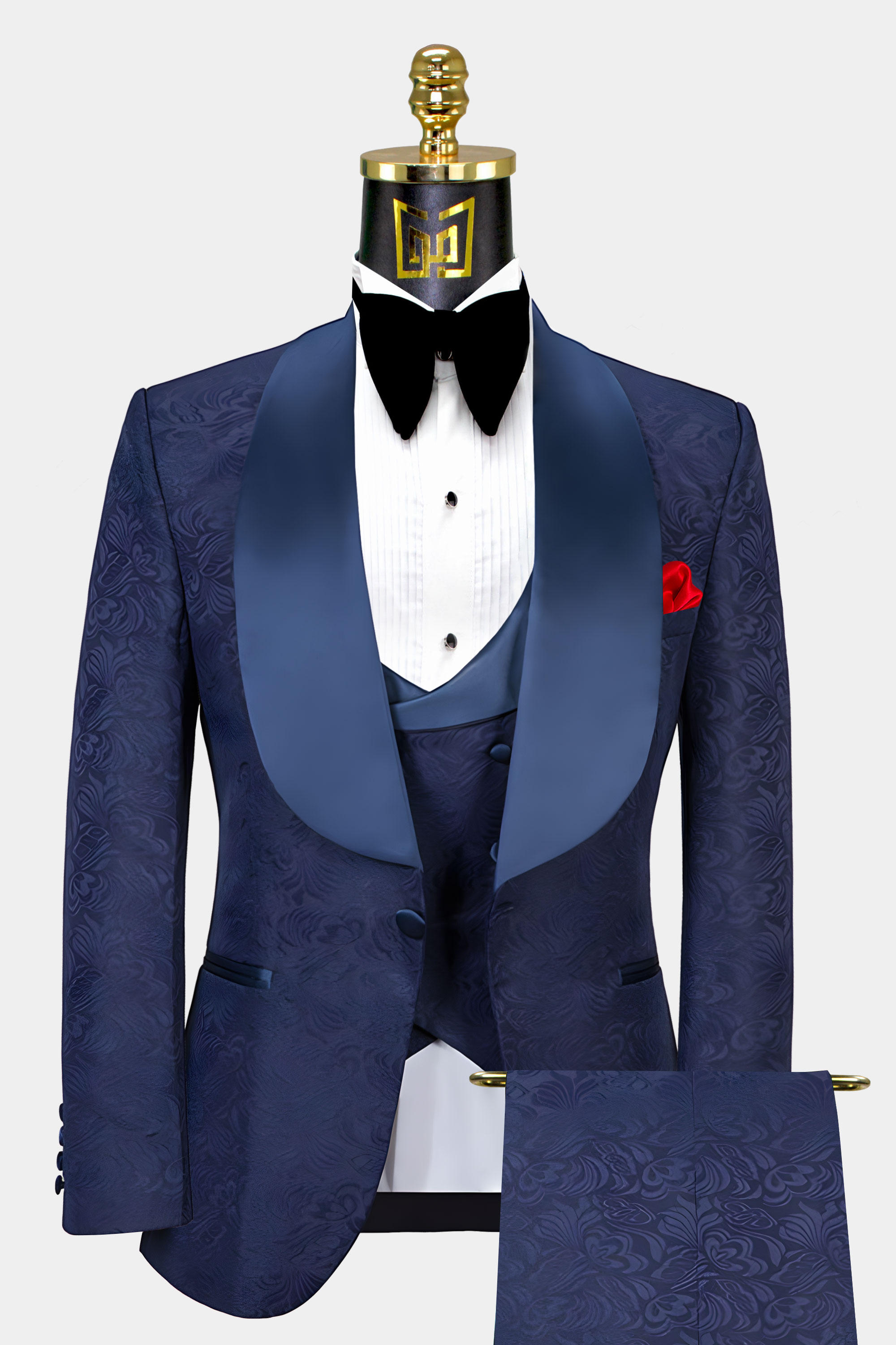 Floral All Navy Blue Tuxedo with Shawl Collar - 3 Piece