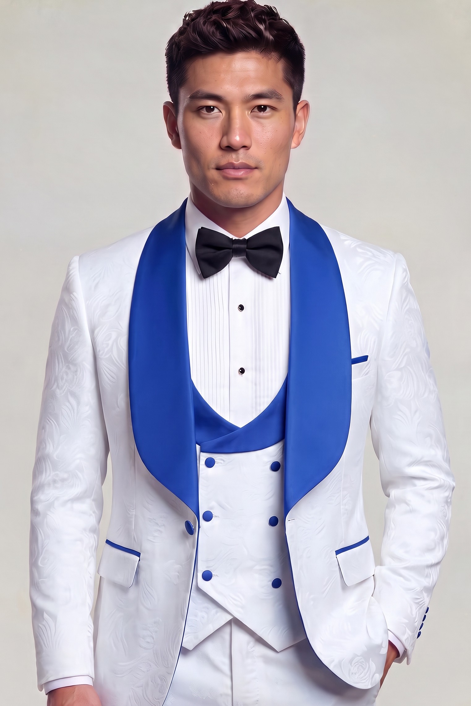 Front portrait of a white floral tuxedo with wide royal blue shawl lapels and matching white trousers
