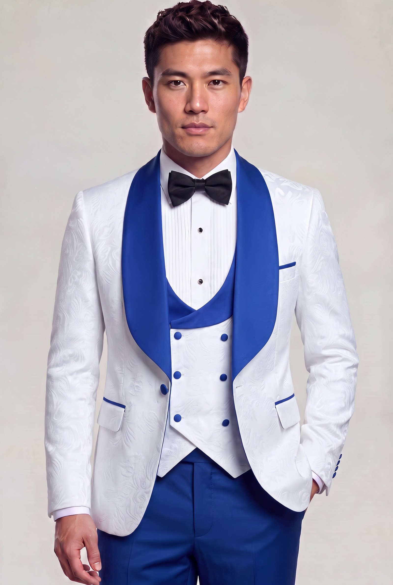 White floral tuxedo with royal blue satin lapels and solid blue trousers