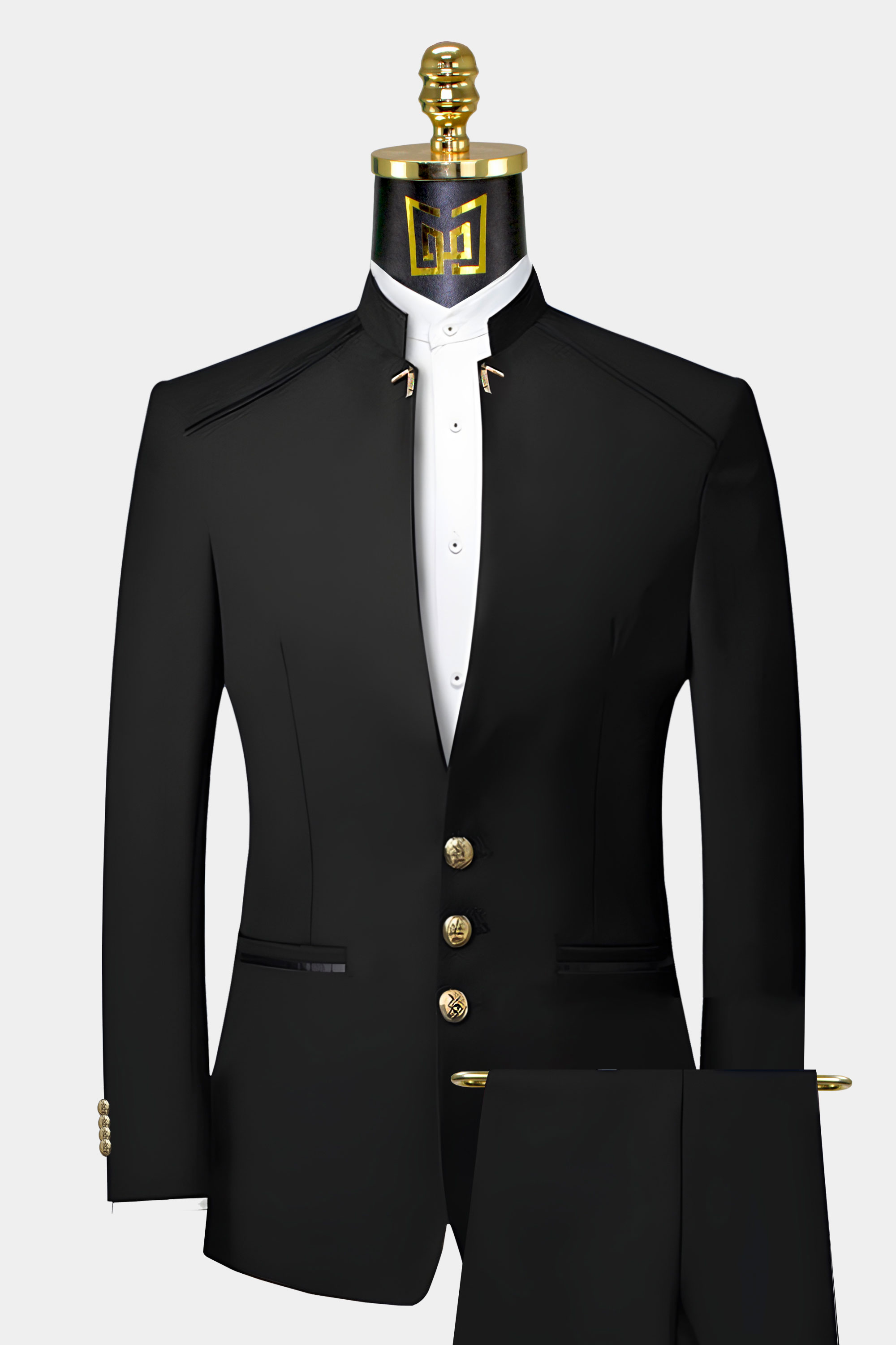 Black Mandarin Collar Suit - 2 Piece