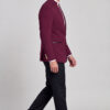 Burgundy Mandarin Collar Suit Black Trousers Full Body Side View from Gentlemansguru.com