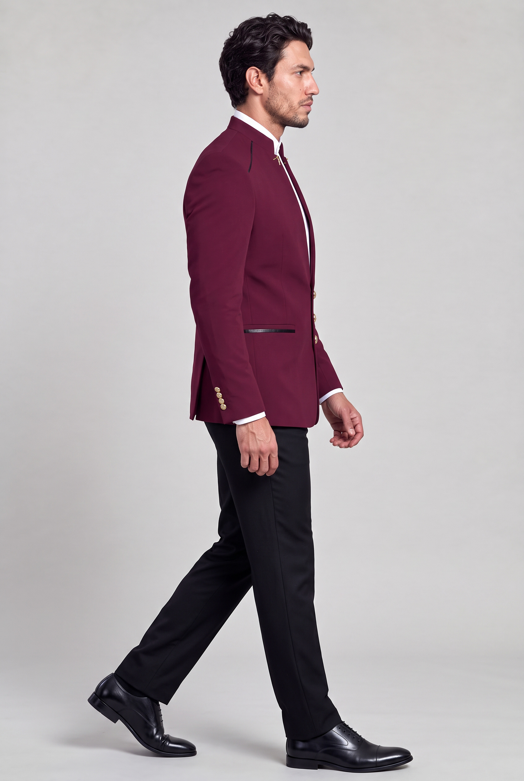 Burgundy Mandarin Collar Suit Black Trousers Full Body Side View from Gentlemansguru.com