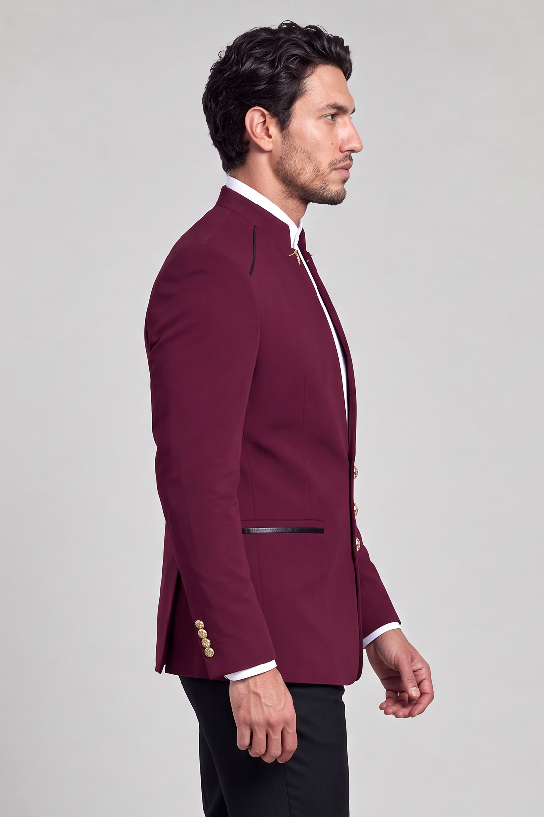 Burgundy Mandarin Collar Suit Black Trousers Side Jacket Portrait from Gentlemansguru.com
