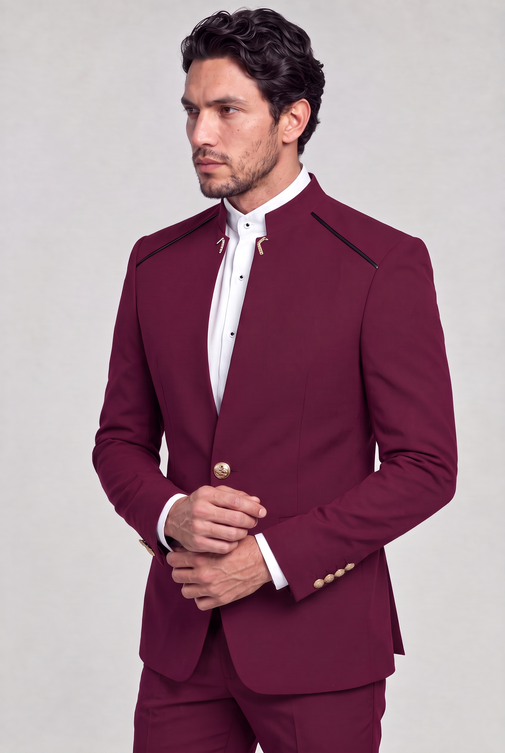 Burgundy Mandarin Collar Suit Cuff Styling Portrait from Gentlemansguru.com