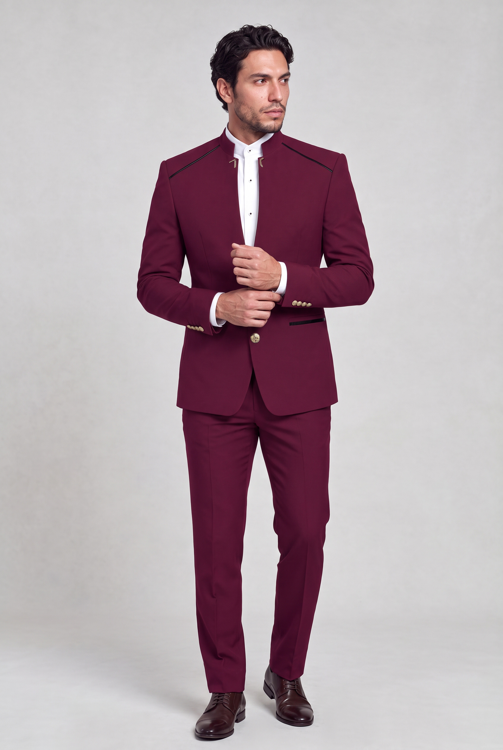 Burgundy Mandarin Collar Suit Matching Trousers Full Body Styling from Gentlemansguru.com