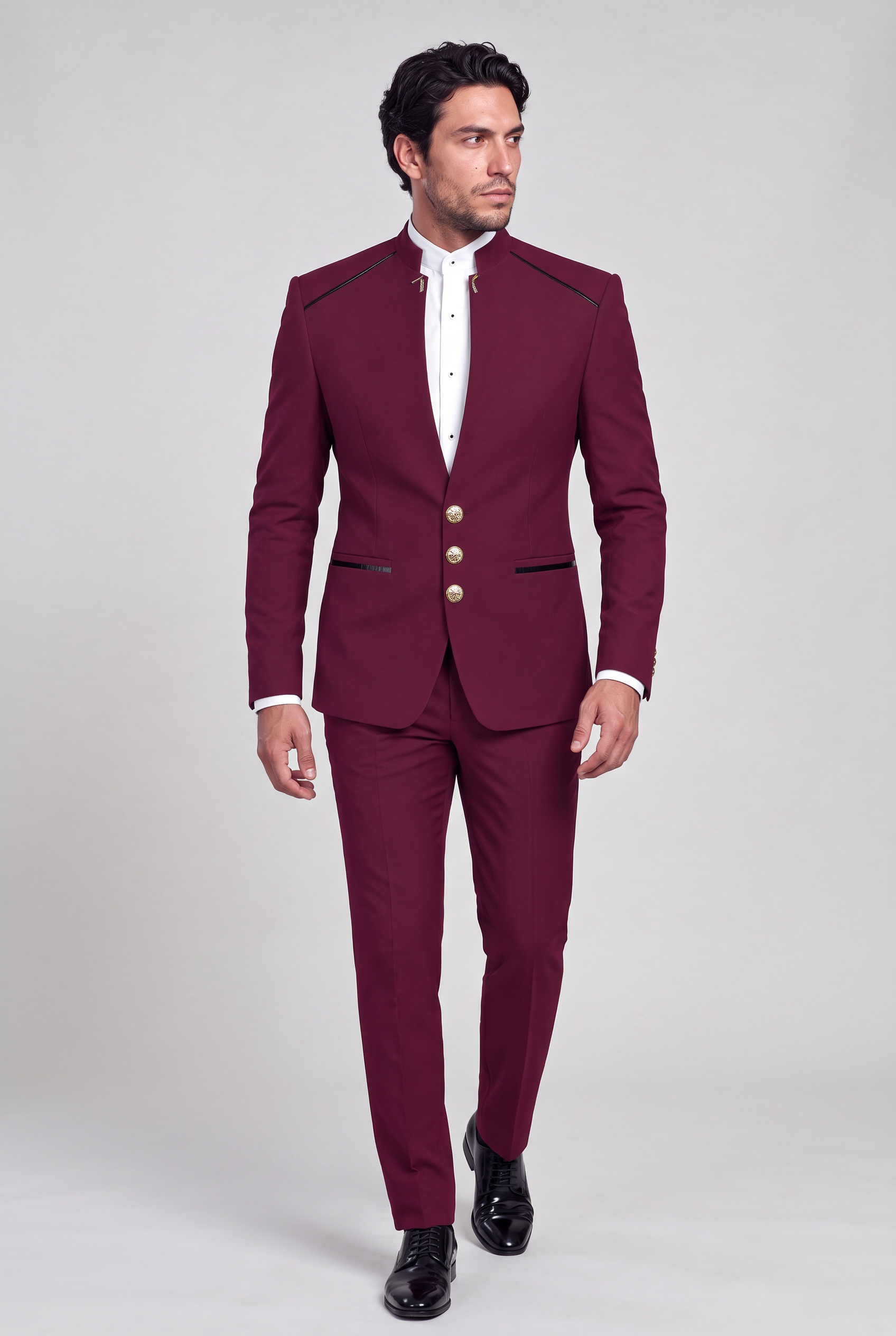 Burgundy Mandarin Collar Suit Matching Trousers Full Body Walking from Gentlemansguru.com
