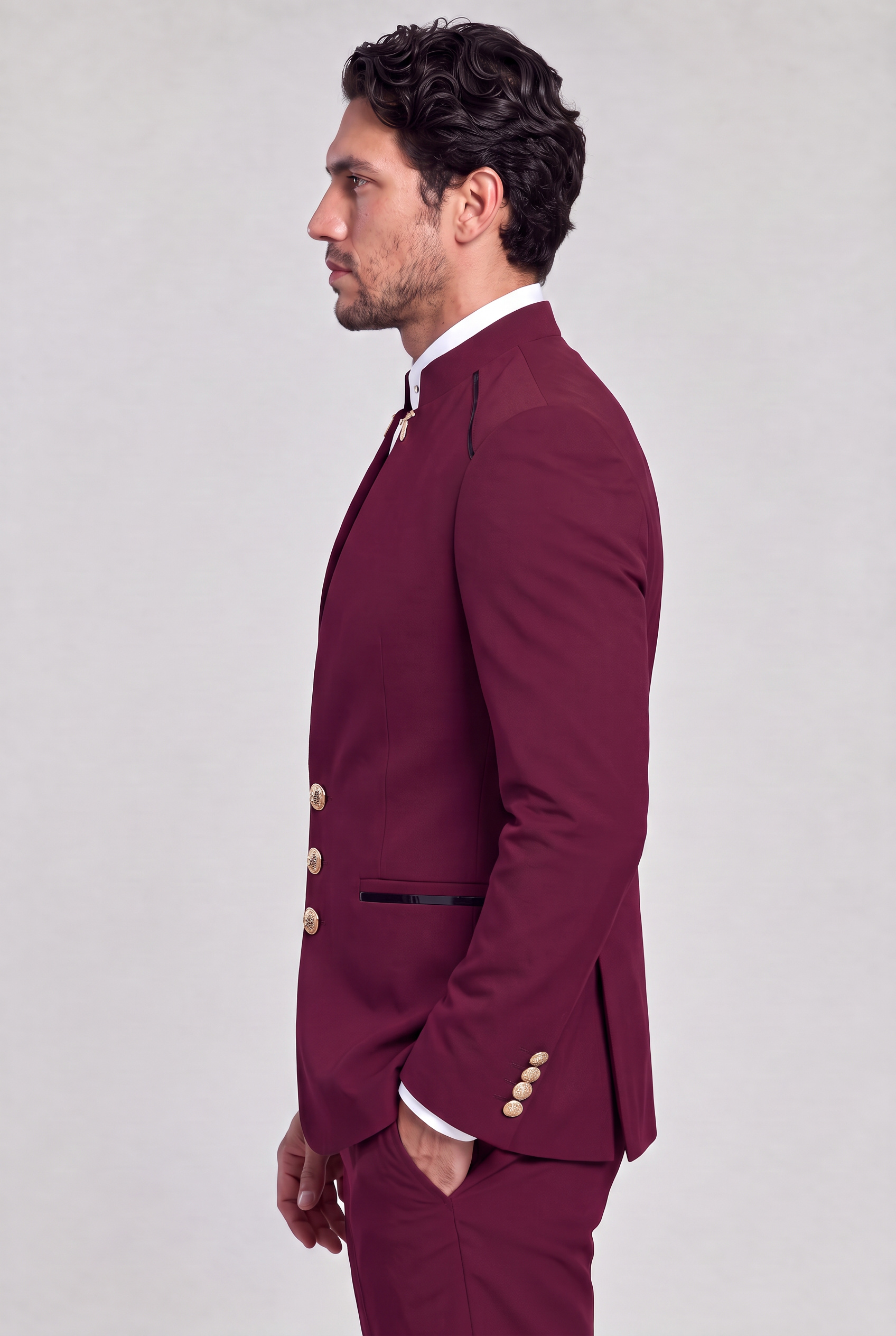 Burgundy Mandarin Collar Suit Side Jacket Portrait from Gentlemansguru.com
