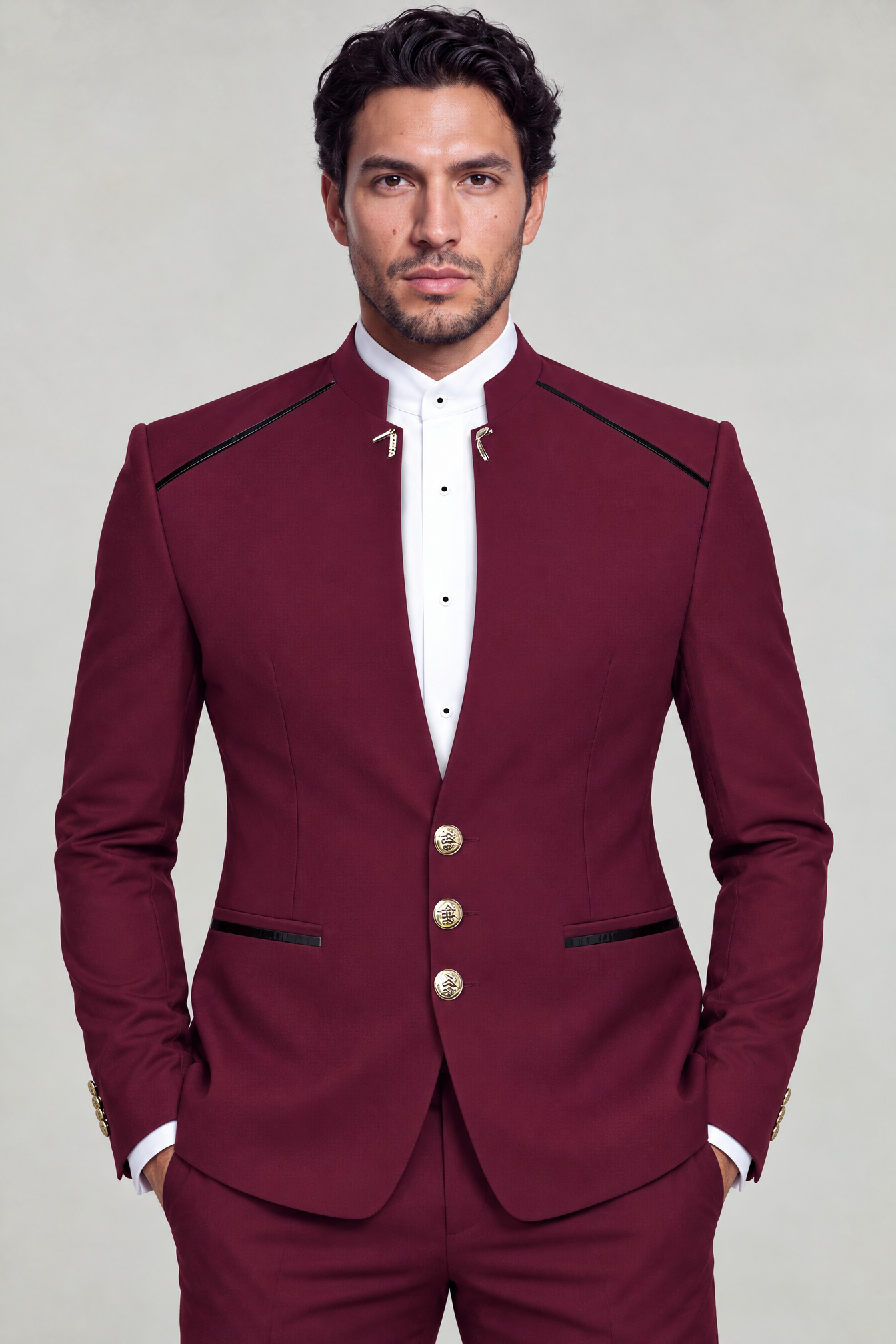 Burgundy Mandarin Collar Suit Studio Thumbnail from Gentlemansguru.com