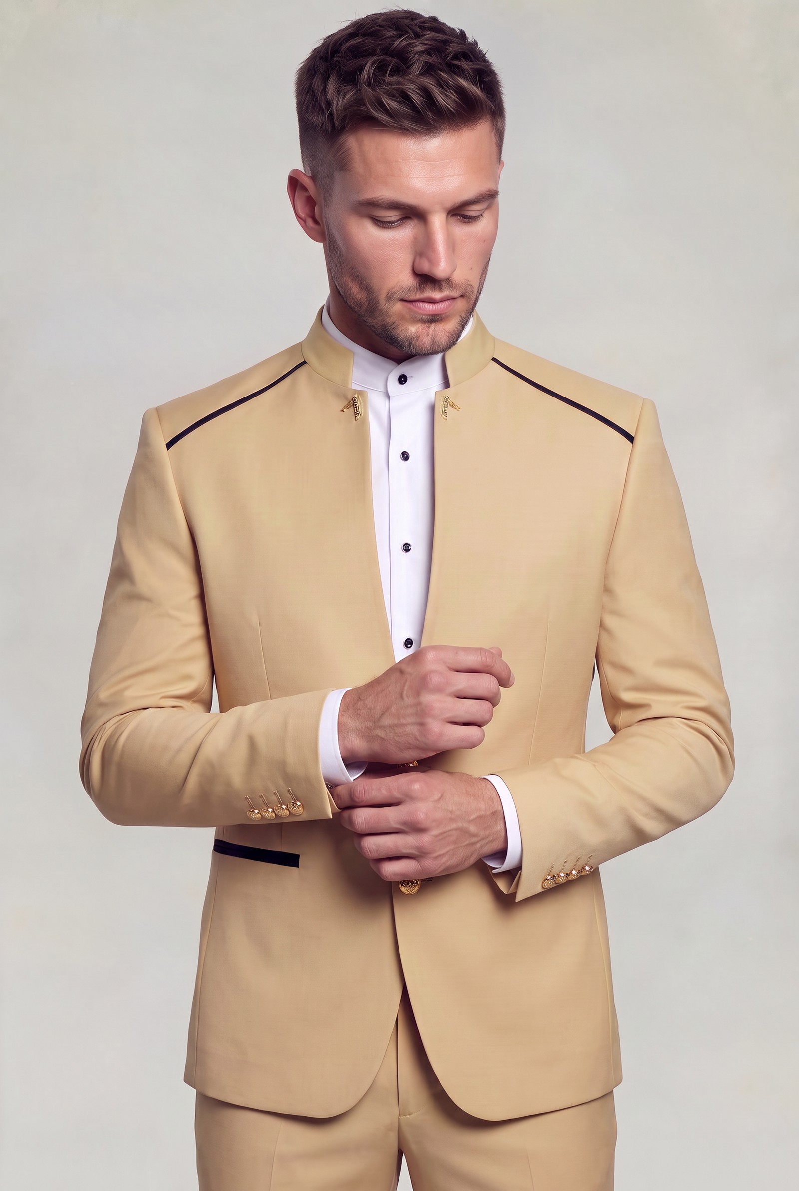 Champagne beige mandarin collar jacket with gold cuff buttons in a cuff-adjusting pose