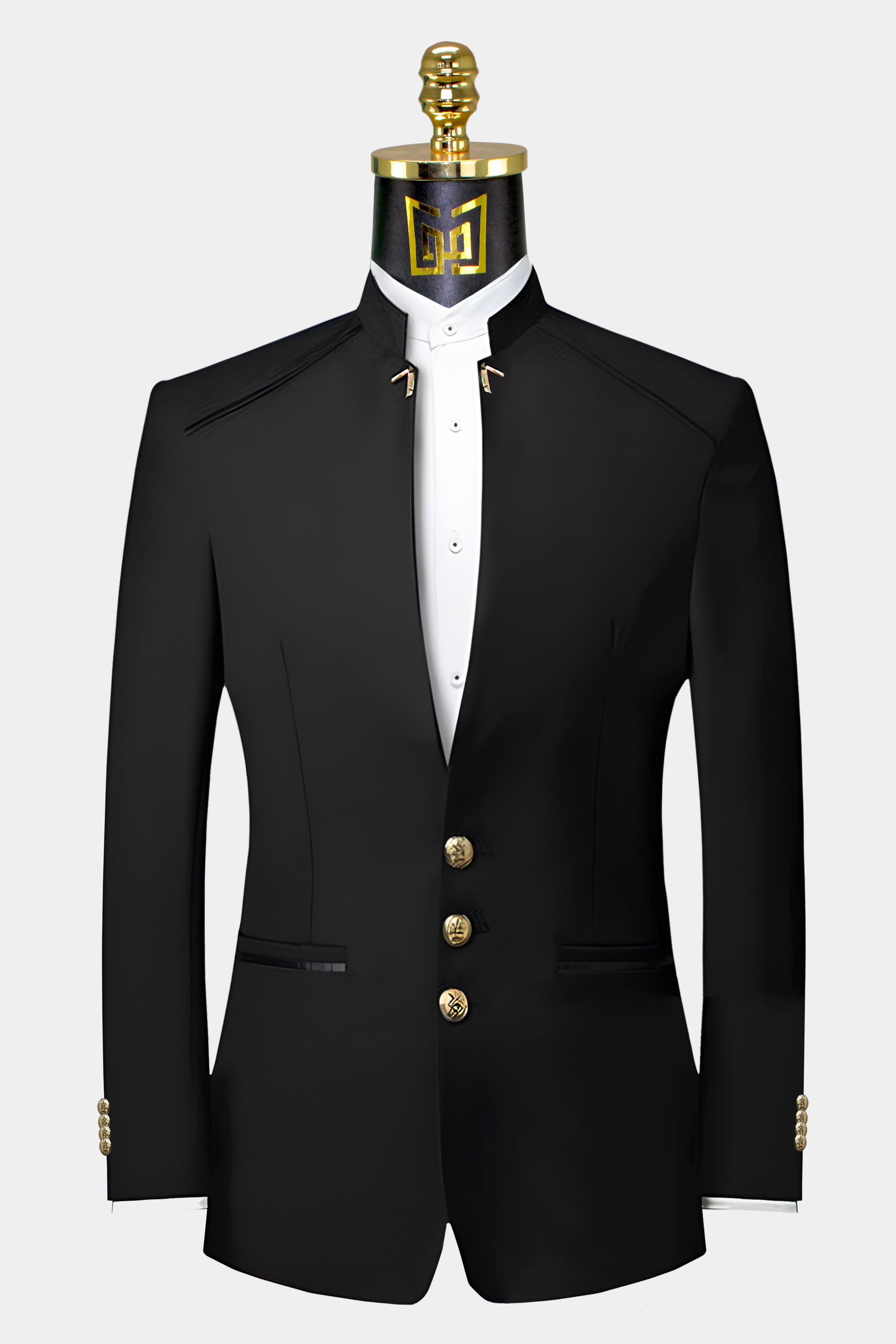 Black Mandarin Collar Suit - 2 Piece