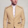 Champagne mandarin collar jacket with black dress trousers and gold buttons