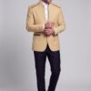 Full-body champagne mandarin collar suit with black pants and white stand-collar shirt
