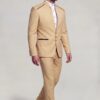 Champagne mandarin collar two-piece suit with matching pants in a side walking pose