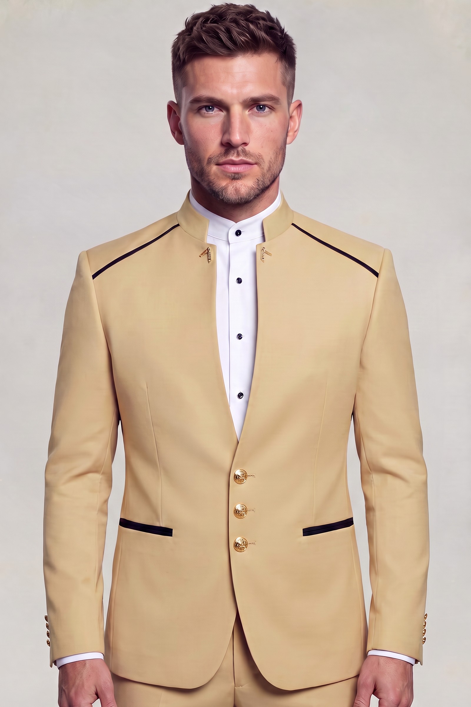 Champagne mandarin collar two-piece suit with three gold buttons and matching trousers