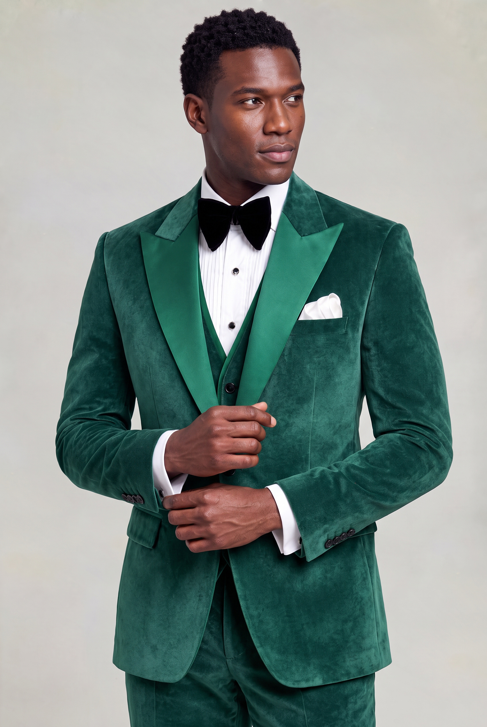 Emerald Green Velvet Tuxedo Side Front Cuff Styling Portrait from Gentlemansguru.com