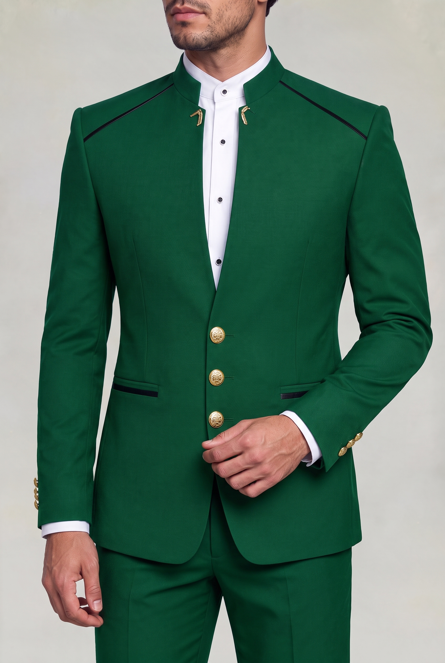 Green Mandarin Collar Suit Collar Shoulder and Cuff Detail from Gentlemansguru.com