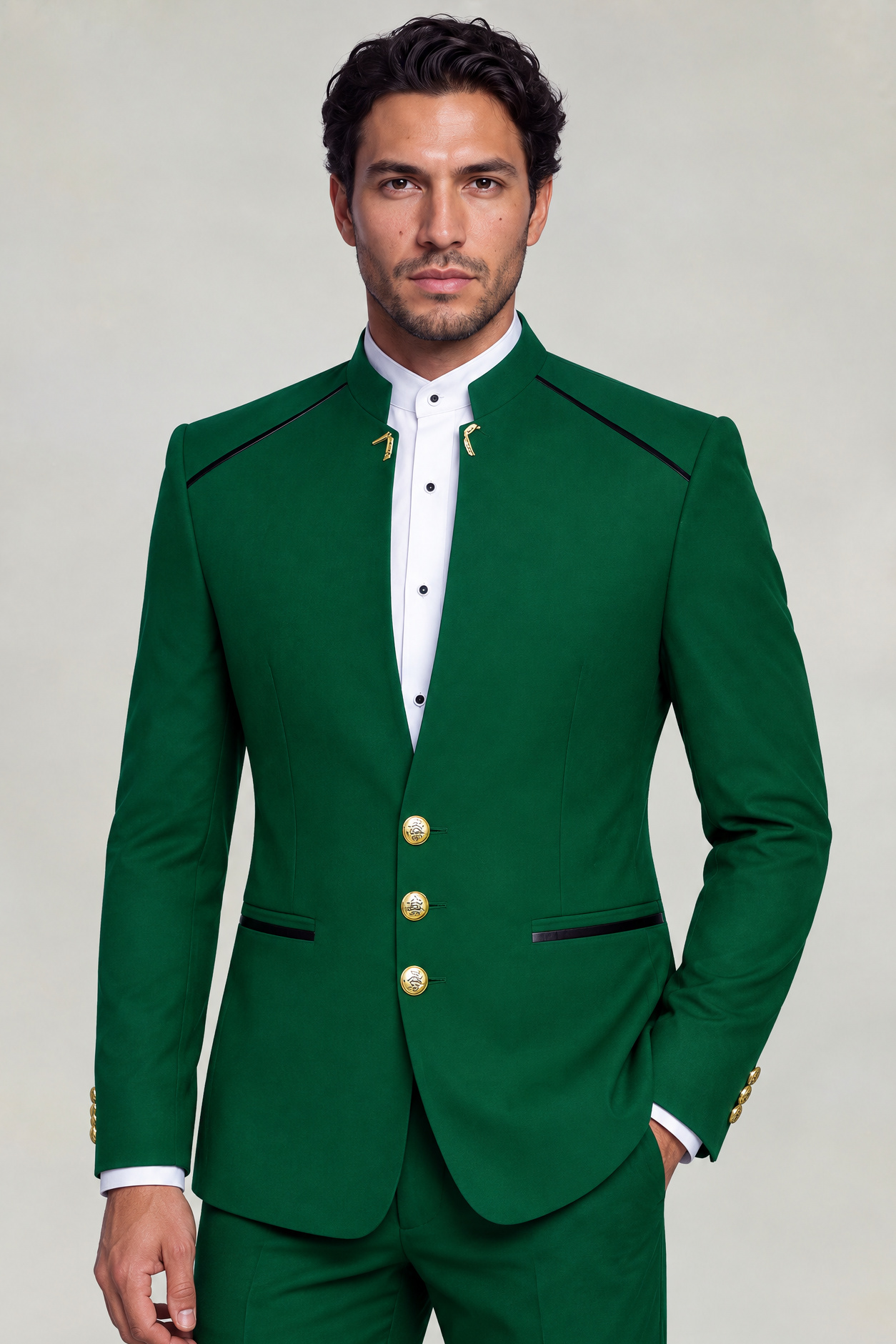 Green Mandarin Collar Suit Three Button Jacket Matching Trousers from Gentlemansguru.com