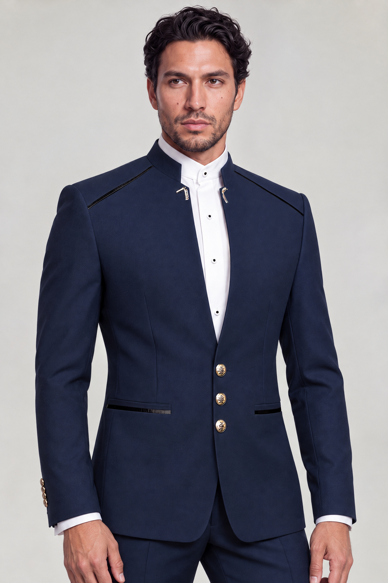 Navy Blue Mandarin Collar Suit Matching Trousers Jacket Length Portrait from Gentlemansguru.com