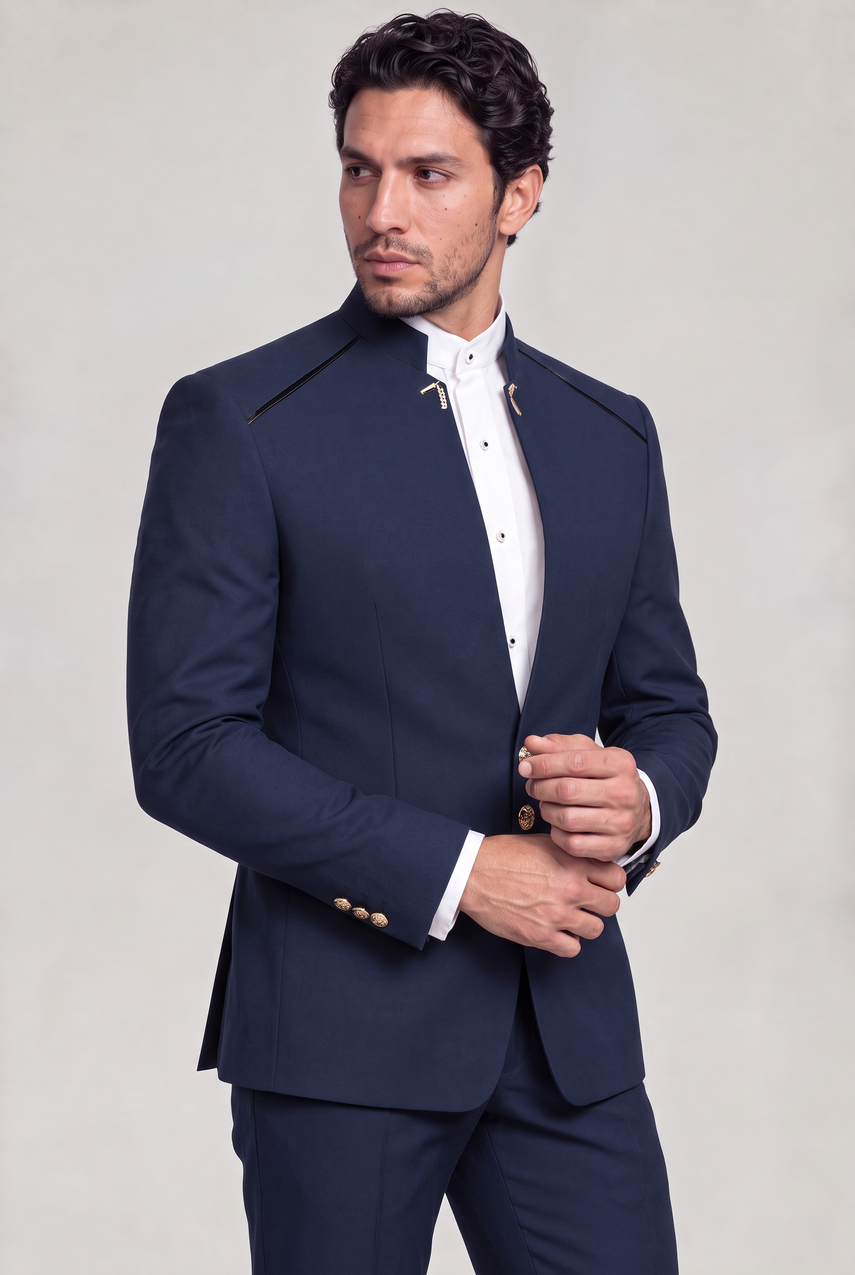 Navy Blue Mandarin Collar Suit Side Angle Jacket Length Cuff Portrait from Gentlemansguru.com