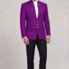 Purple Mandarin Collar Suit full body with black trousers and gold buttons from Gentlemansguru.com