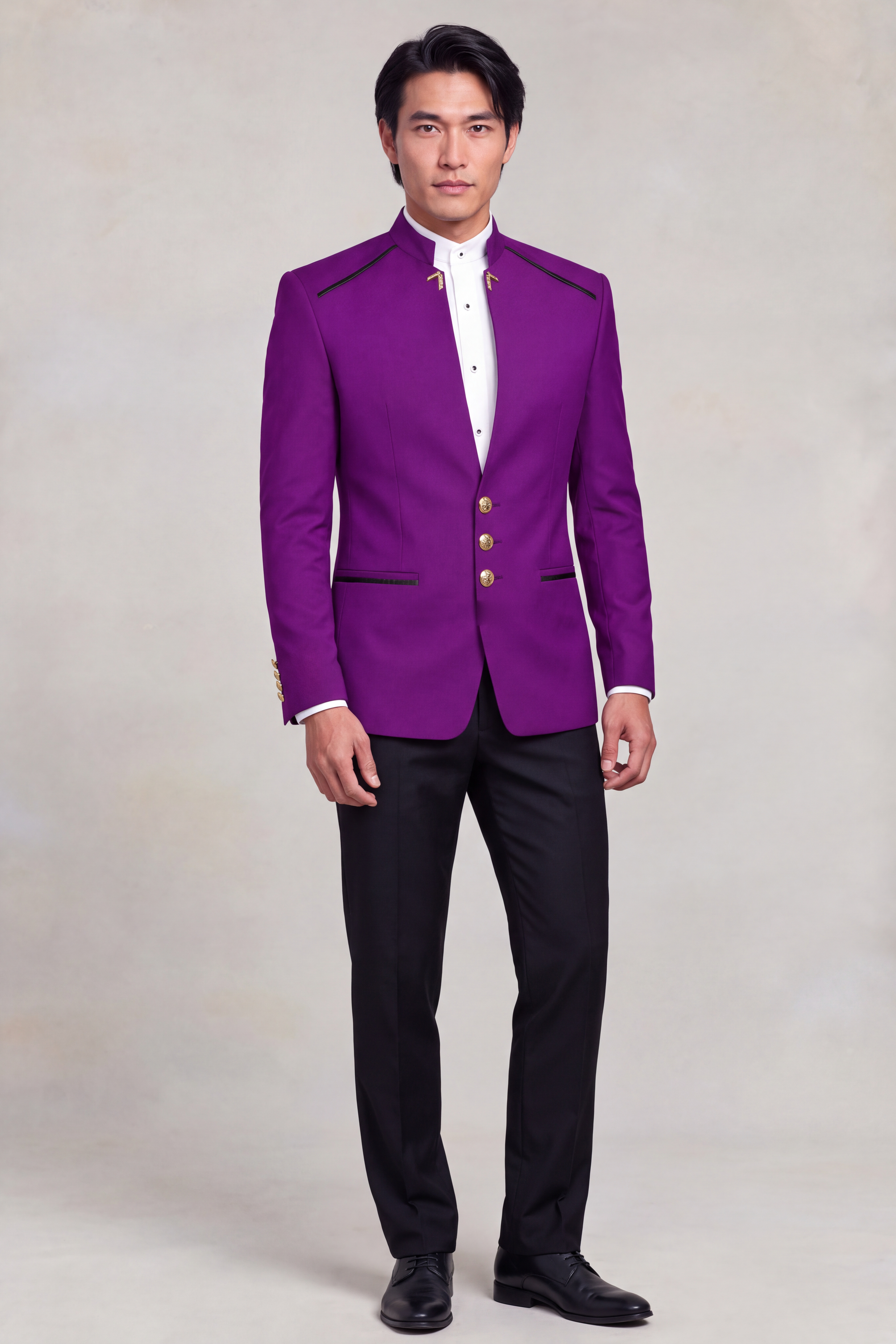 Purple Mandarin Collar Suit full body with black trousers and gold buttons from Gentlemansguru.com