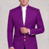 Purple Mandarin Collar Suit jacket length with black trousers, gold collar ornaments and cuff buttons from Gentlemansguru.com