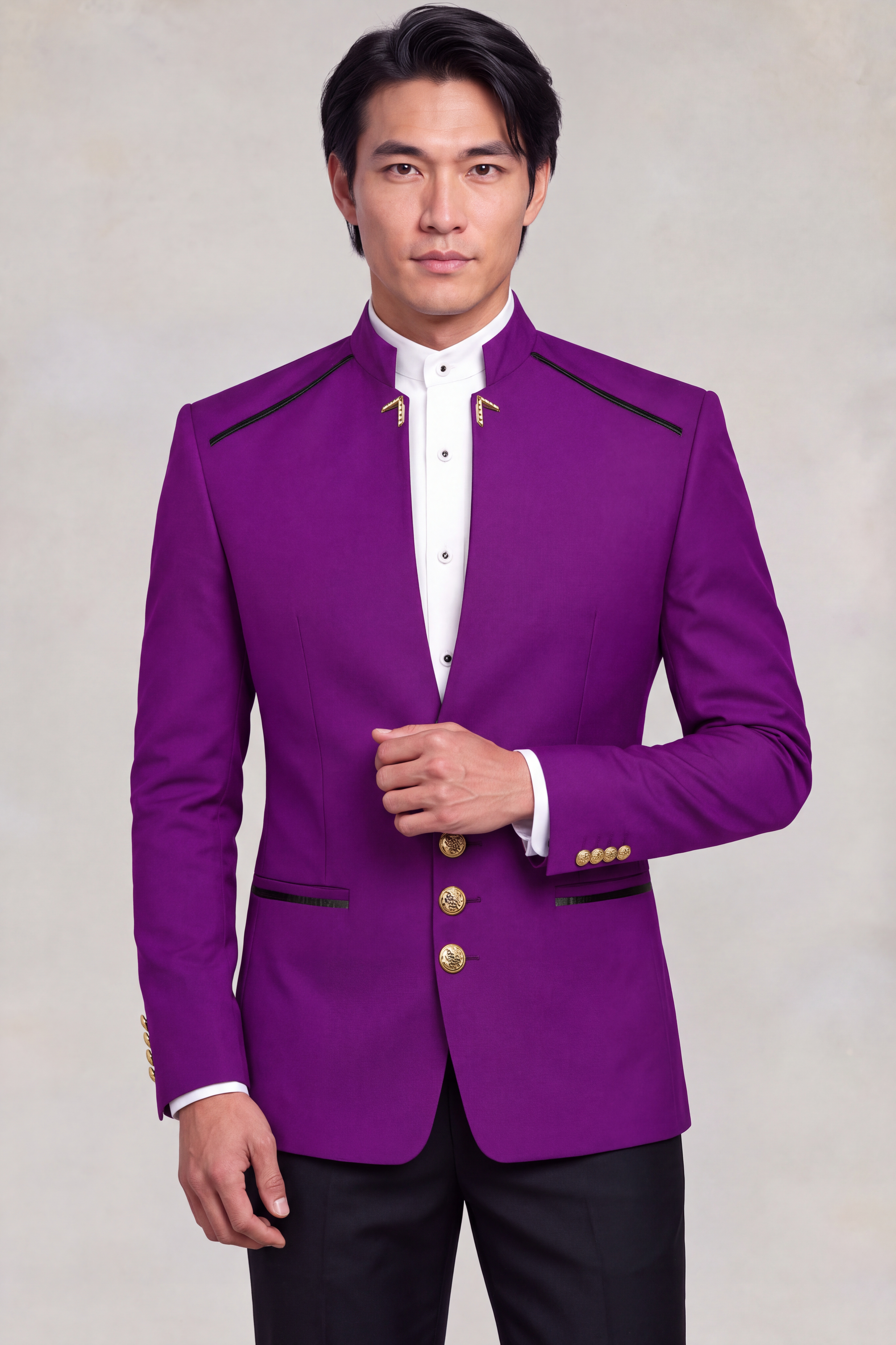 Purple Mandarin Collar Suit jacket length with black trousers, gold collar ornaments and cuff buttons from Gentlemansguru.com
