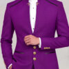 Purple Mandarin Collar Suit gold collar embellishments, three gold front buttons and four gold cuff buttons from Gentlemansguru.com