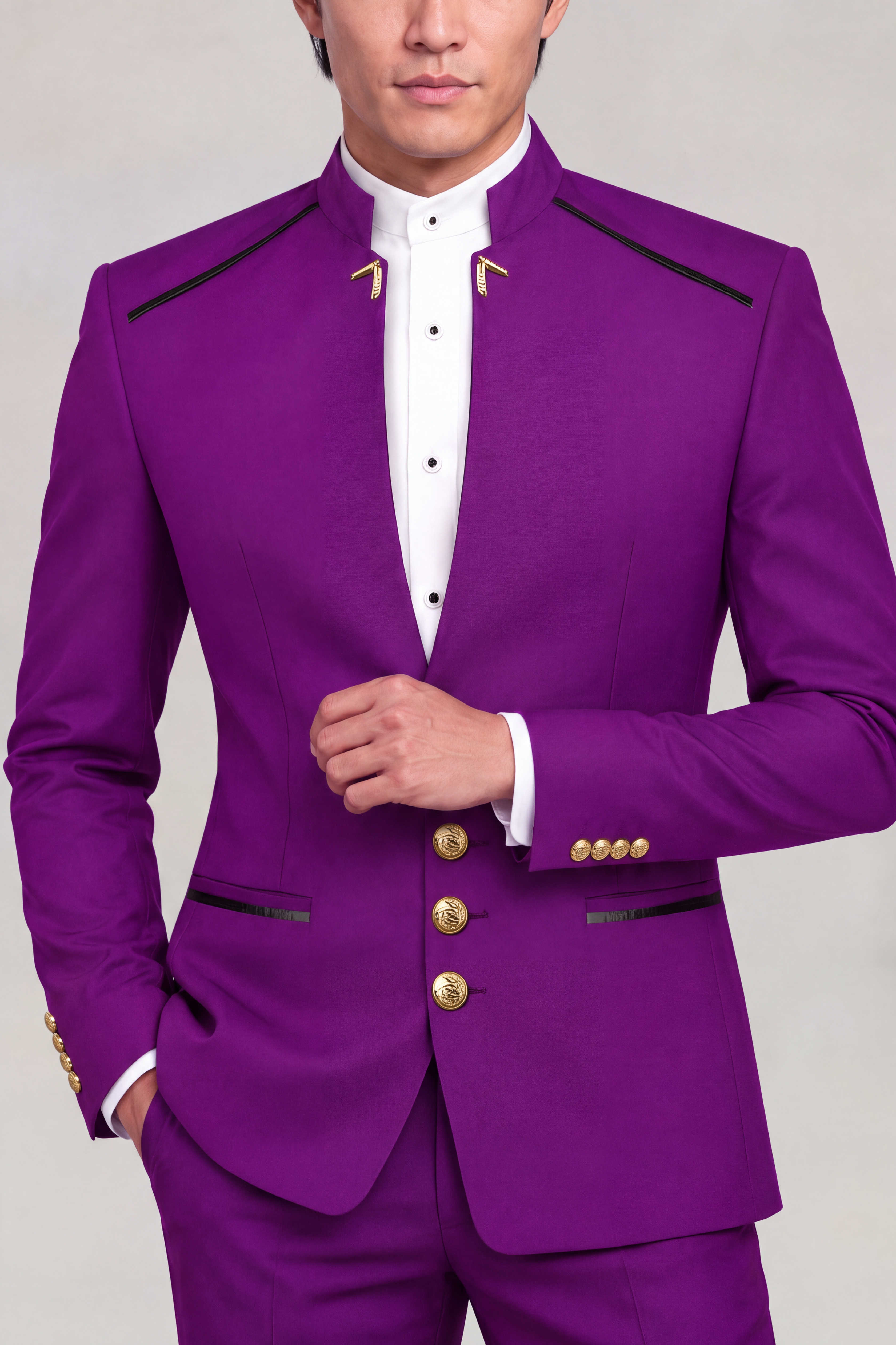 Purple Mandarin Collar Suit gold collar embellishments, three gold front buttons and four gold cuff buttons from Gentlemansguru.com