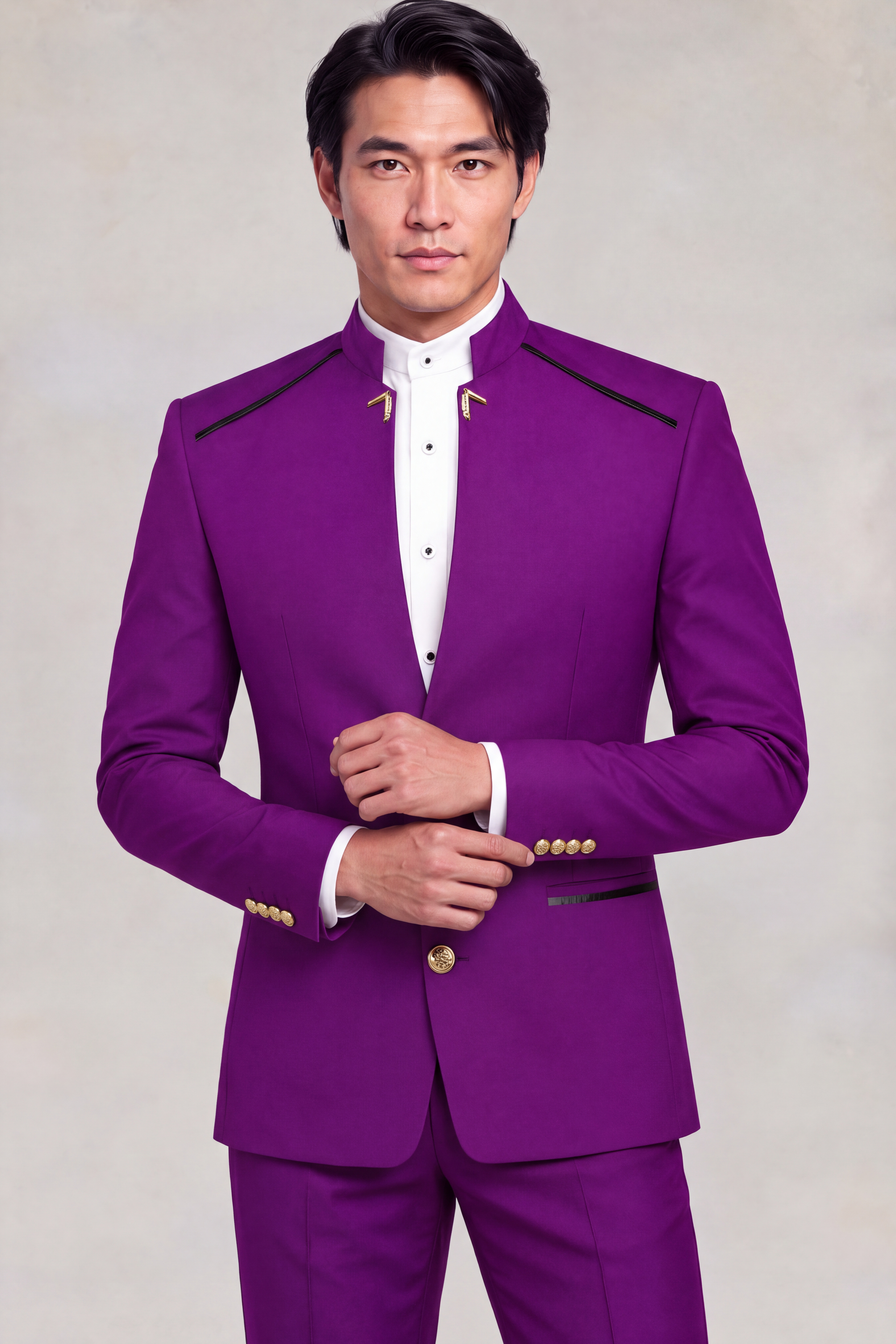Purple Mandarin Collar Suit showing four gold cuff buttons with matching trousers from Gentlemansguru.com