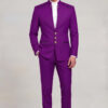Purple Mandarin Collar Suit full body standing with matching trousers and gold buttons from Gentlemansguru.com