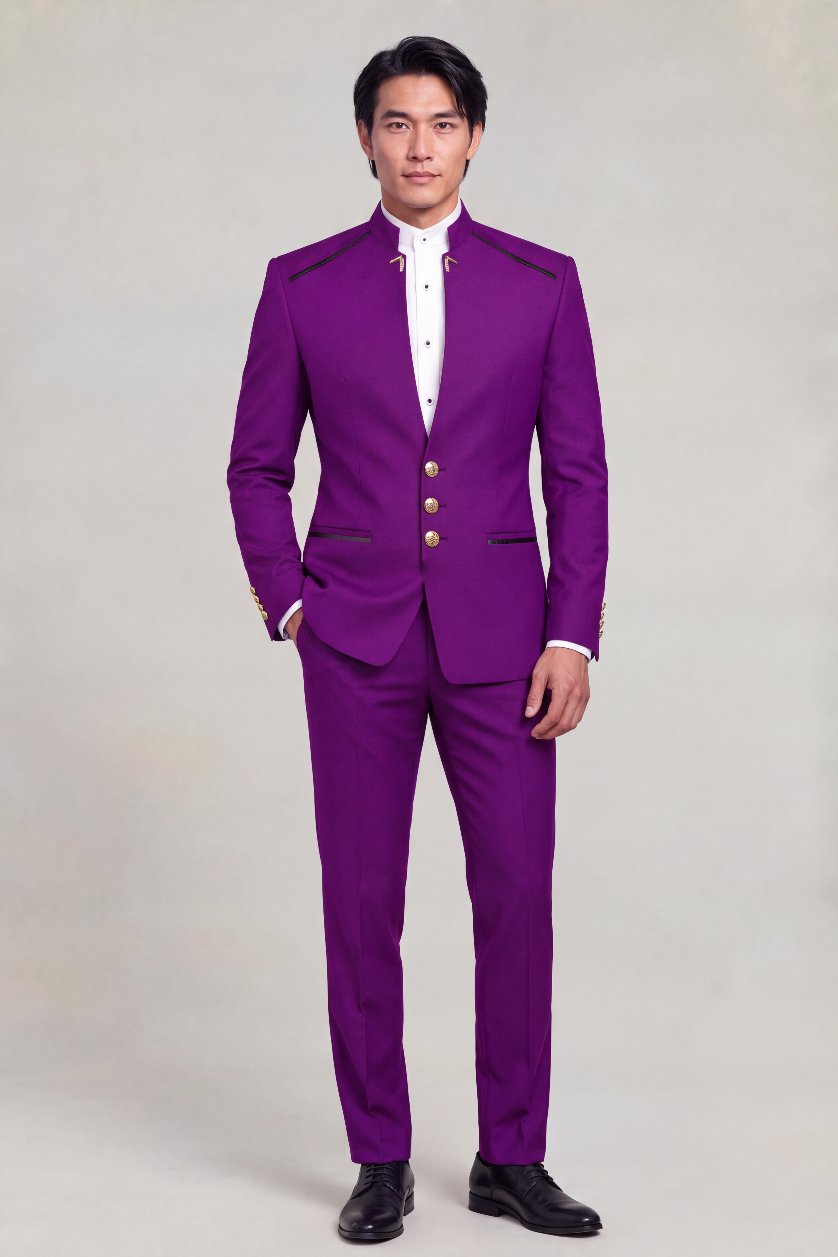 Purple Mandarin Collar Suit full body standing with matching trousers and gold buttons from Gentlemansguru.com