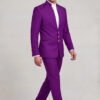 Purple Mandarin Collar Suit full body walking in matching trousers with gold buttons from Gentlemansguru.com