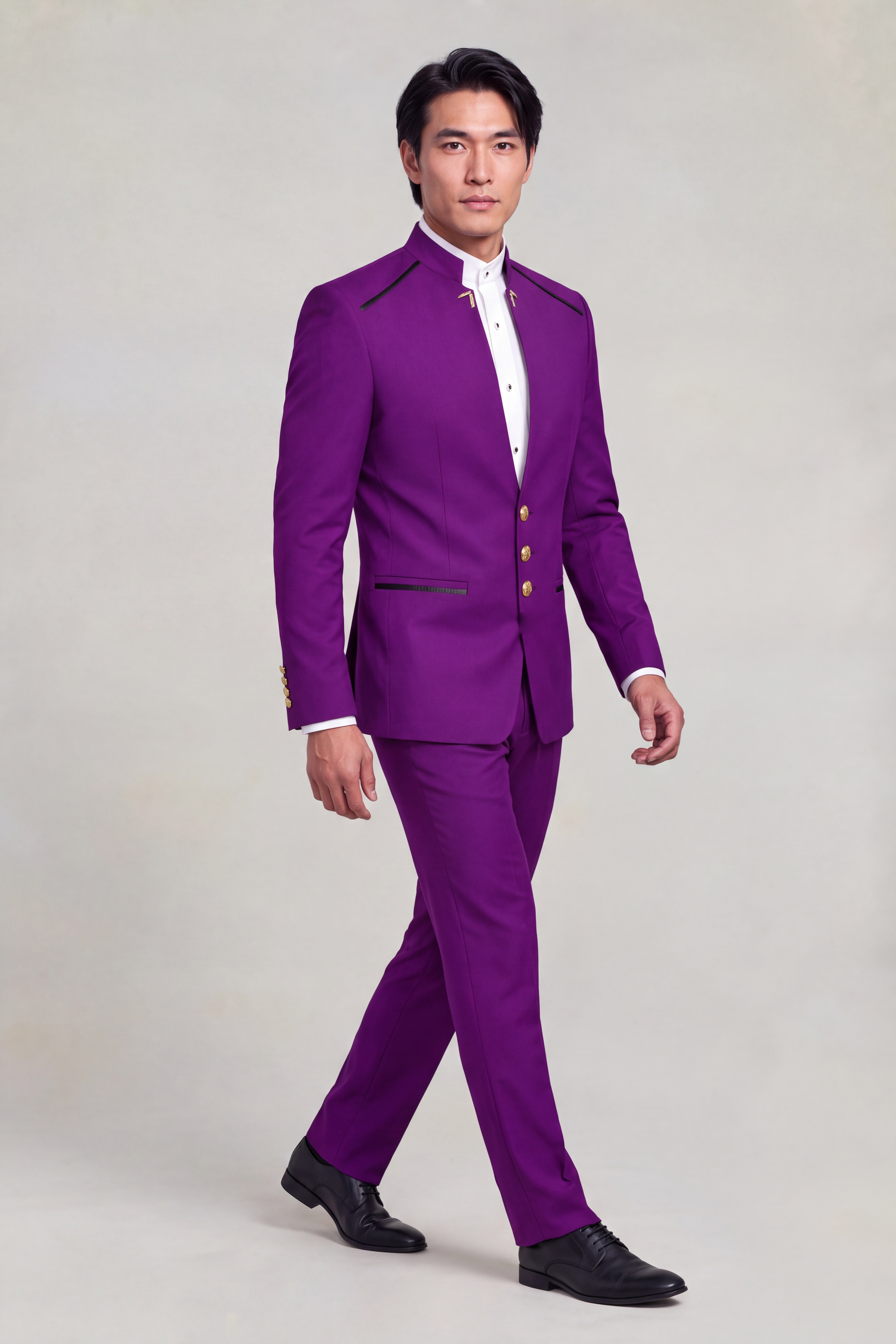 Purple Mandarin Collar Suit full body walking in matching trousers with gold buttons from Gentlemansguru.com