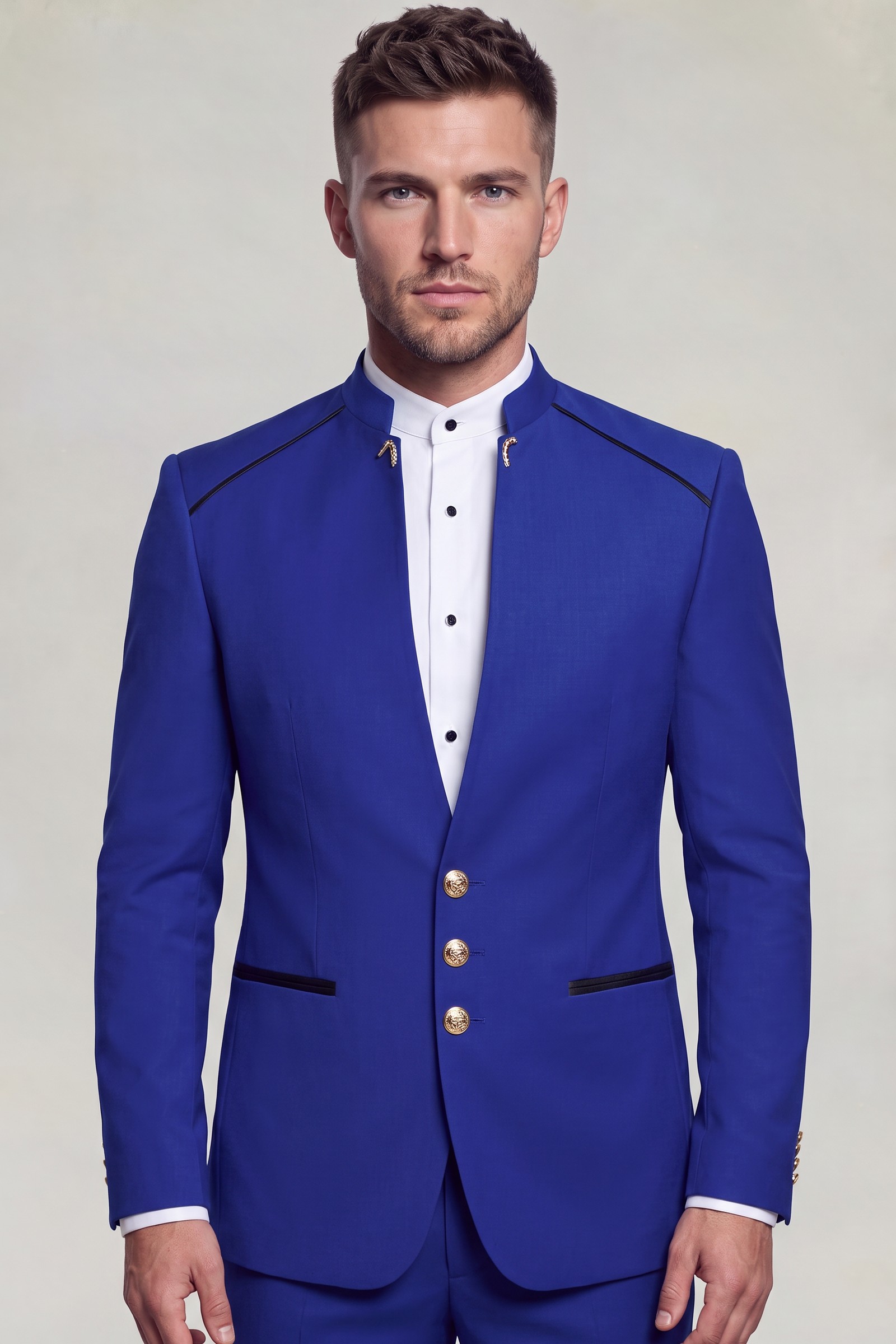 Royal blue mandarin collar two-piece suit with three gold buttons and matching trousers