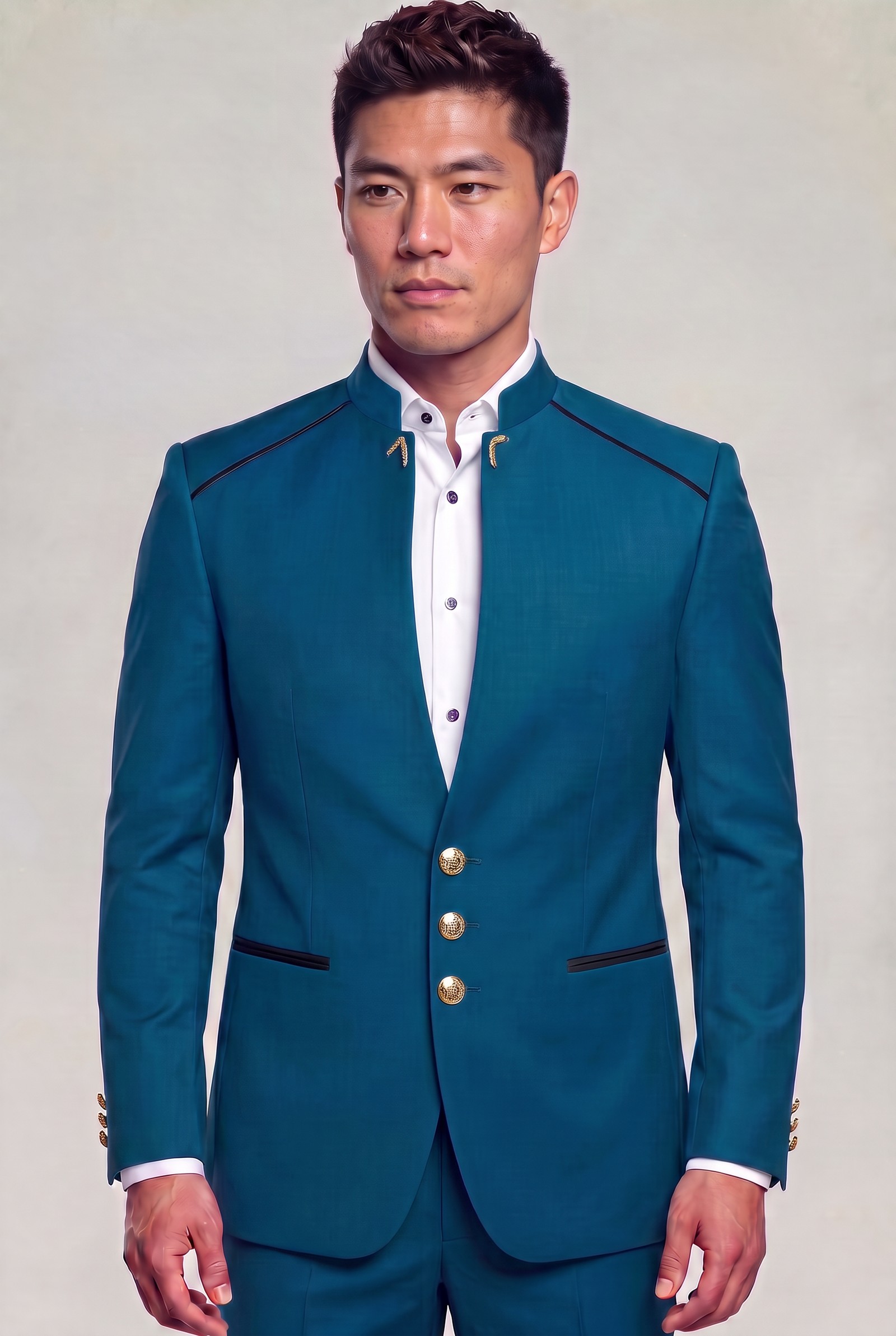 Teal blue mandarin collar wedding suit in a jacket-length portrait