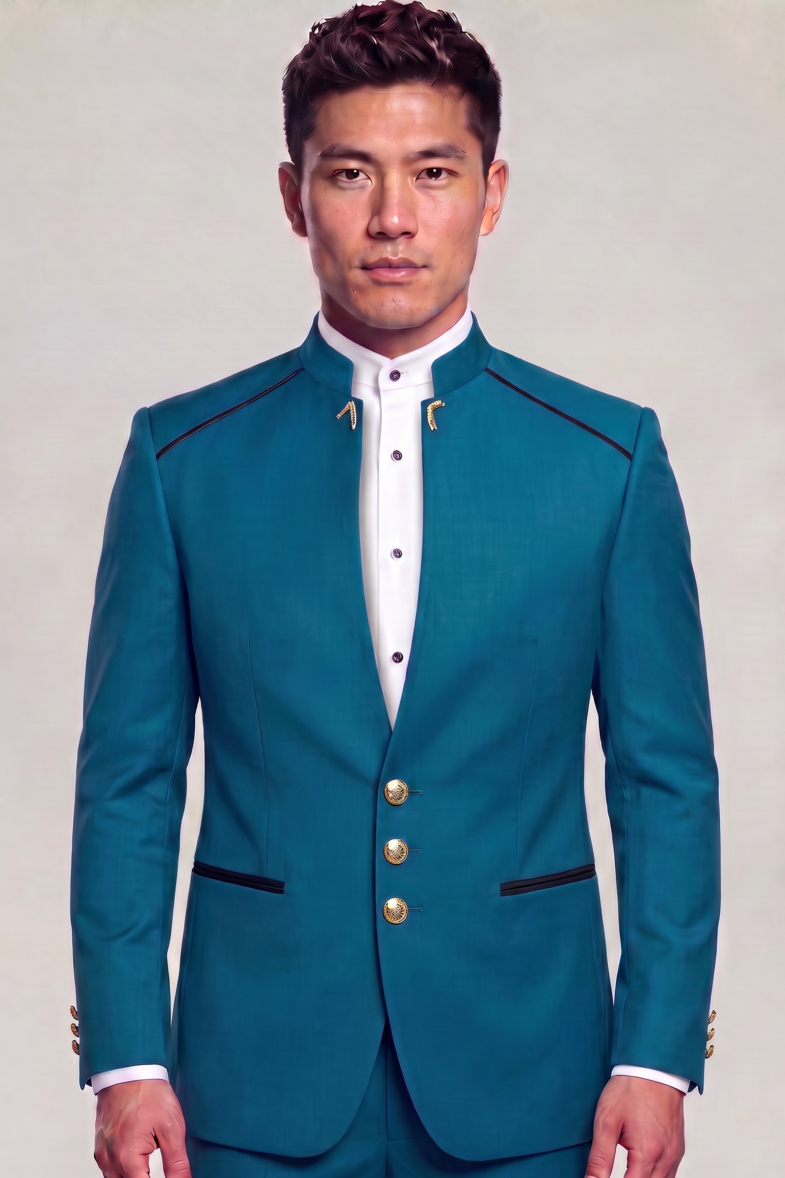Teal blue two-piece mandarin collar suit with three gold buttons