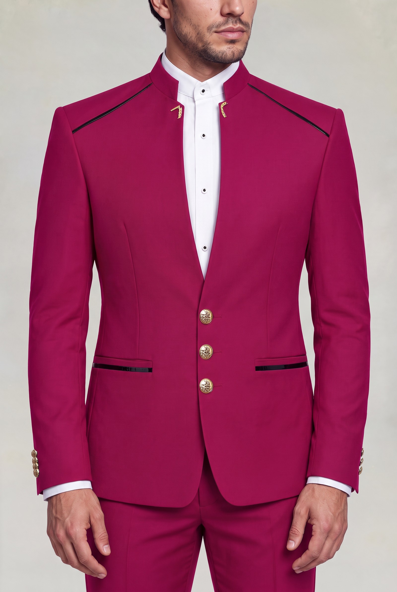 Pink mandarin jacket collar ornaments, shoulder trim and three-button detail