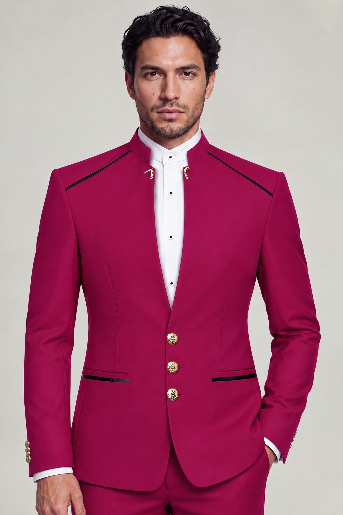 Pink mandarin collar suit with three gold buttons and matching trousers