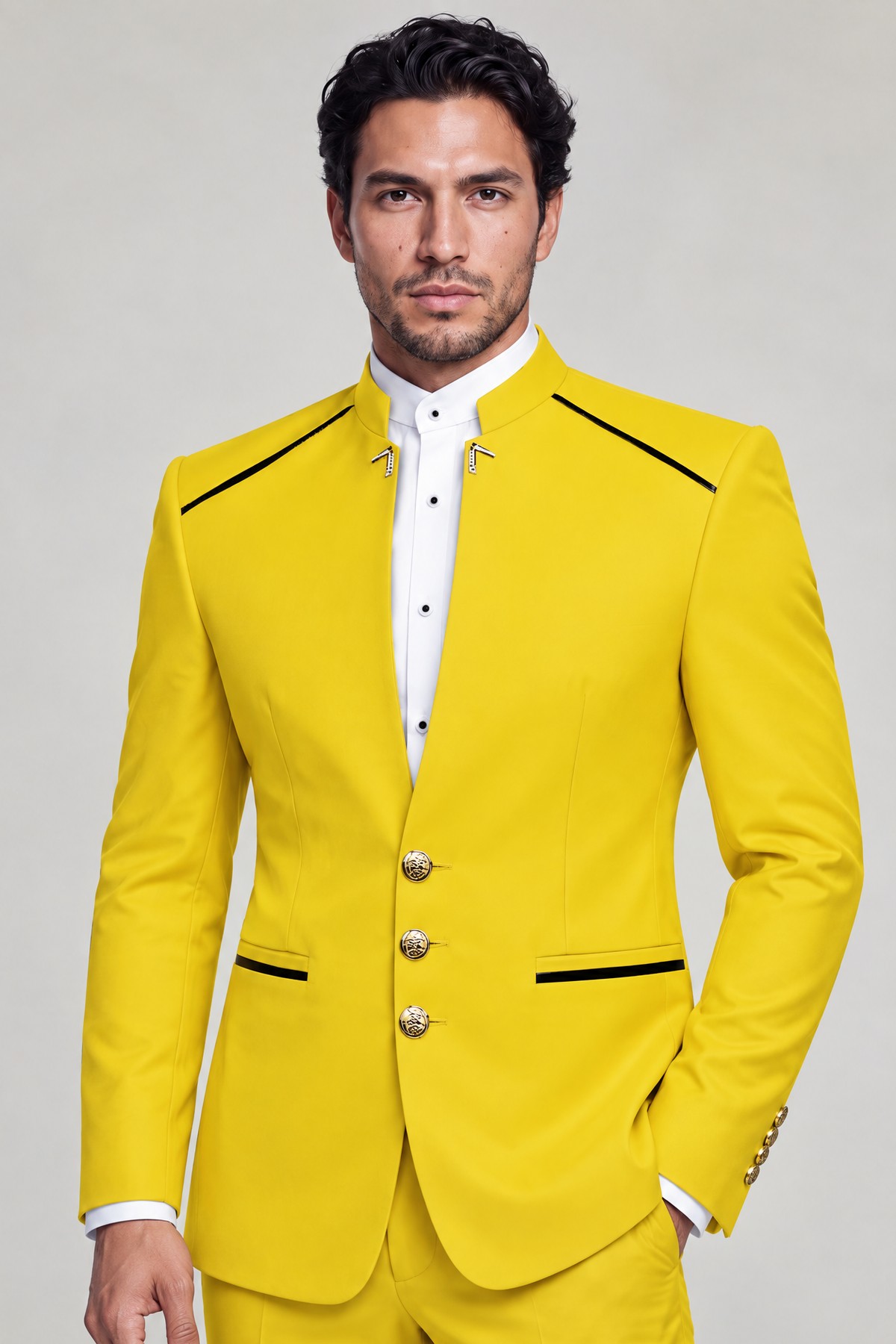 Yellow mandarin collar suit with three gold buttons and matching trousers