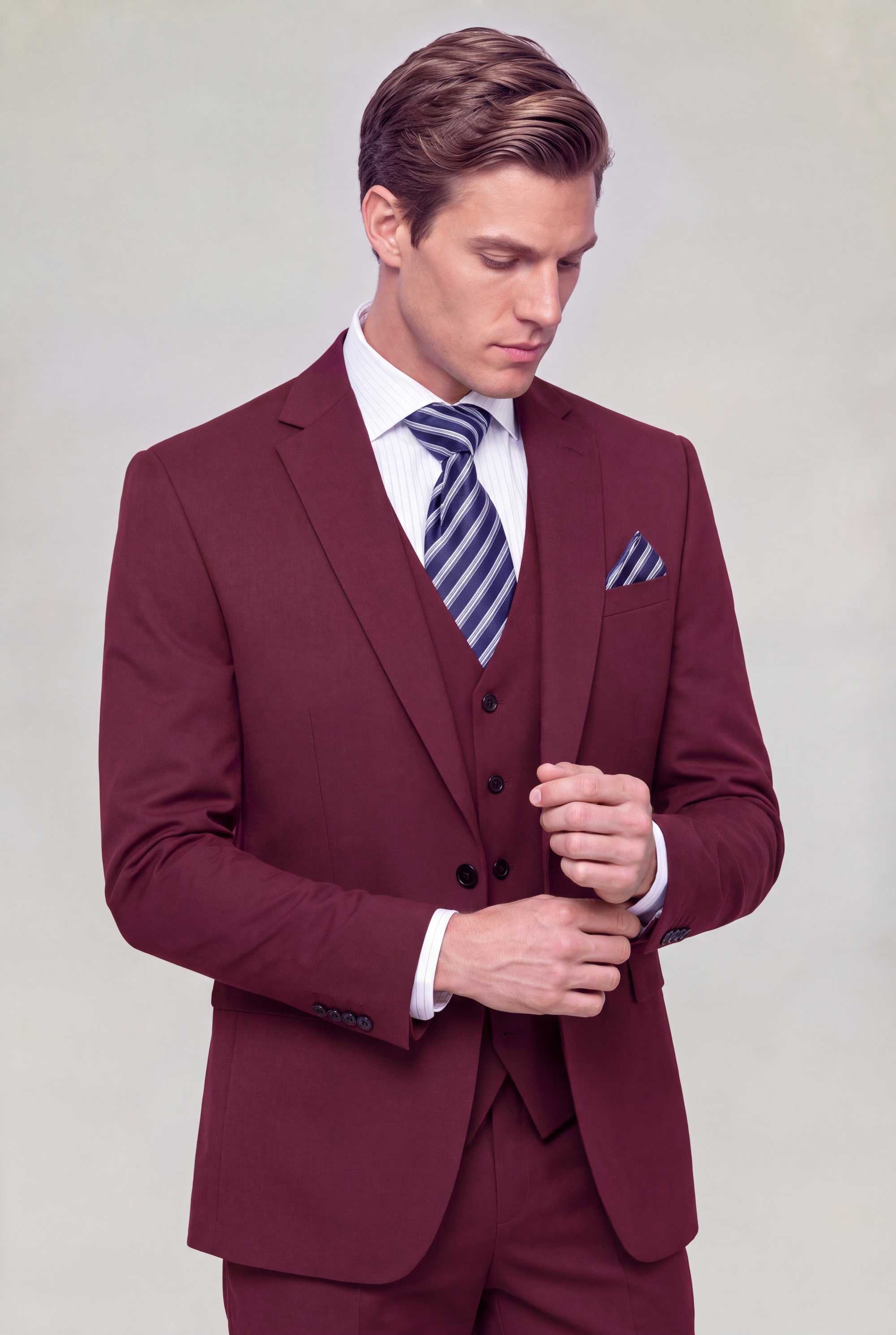 Man wearing a burgundy three-piece suit while adjusting his shirt cuff