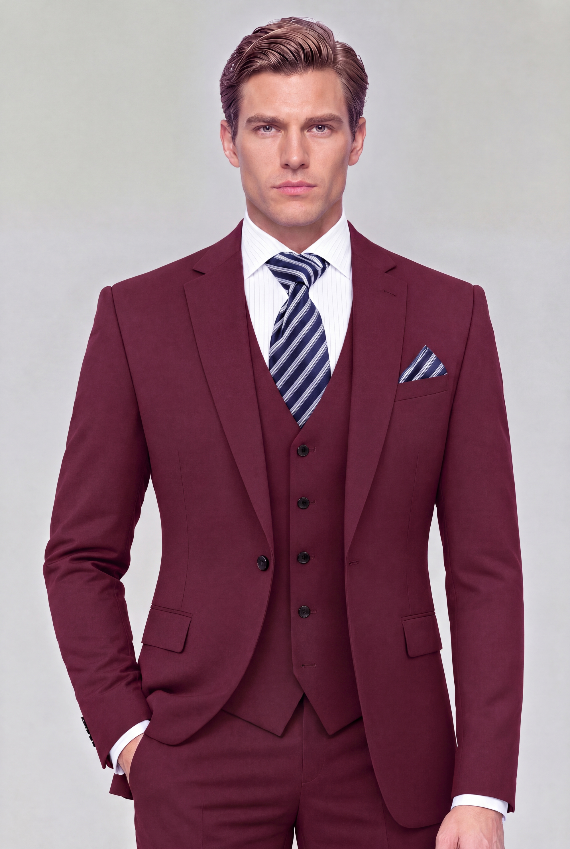 Burgundy three-piece suit with notch lapels, a four-button vest and matching trousers