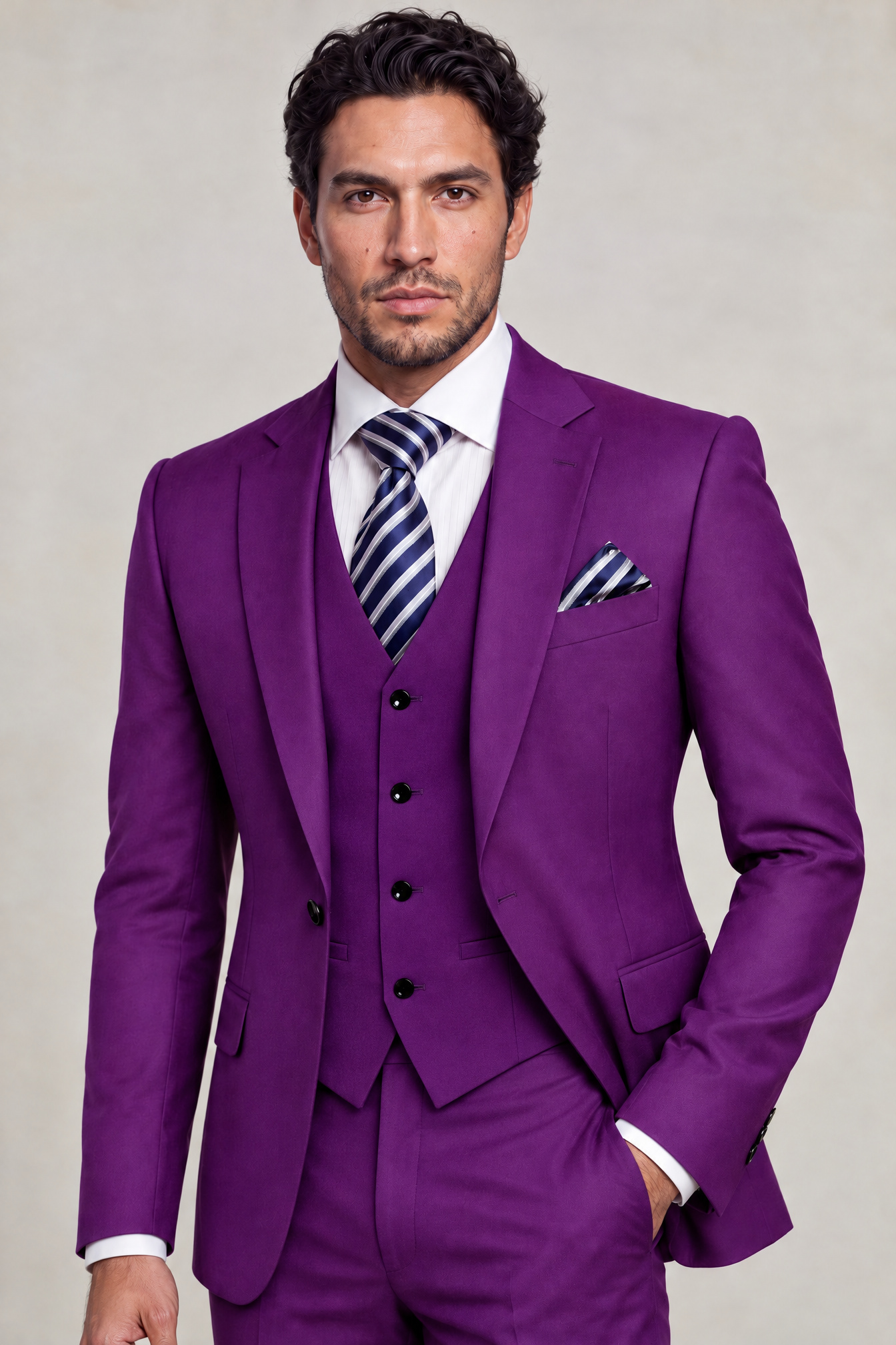 3 Piece Purple Suit Jacket Length Studio Thumbnail from Gentlemansguru.com