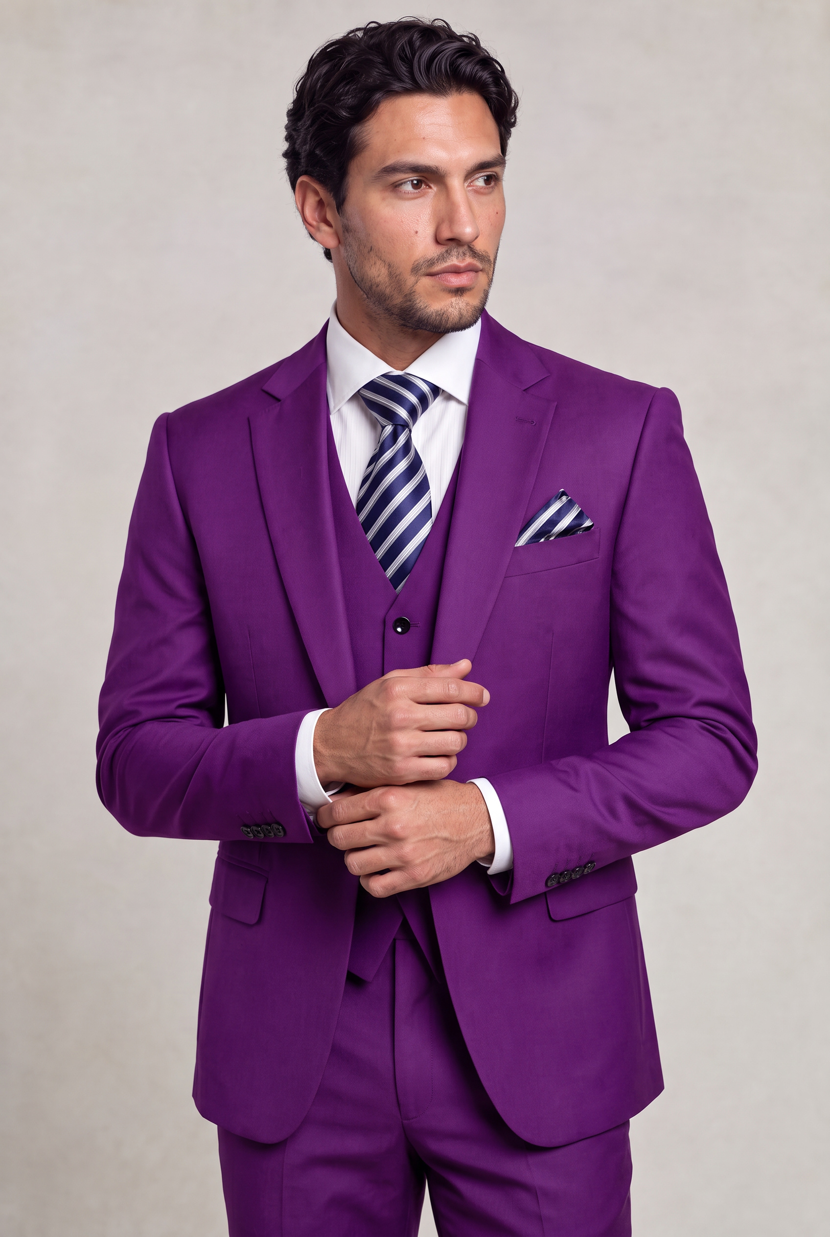 3 Piece Purple Suit Three Quarter Cuff Styling Portrait from Gentlemansguru.com