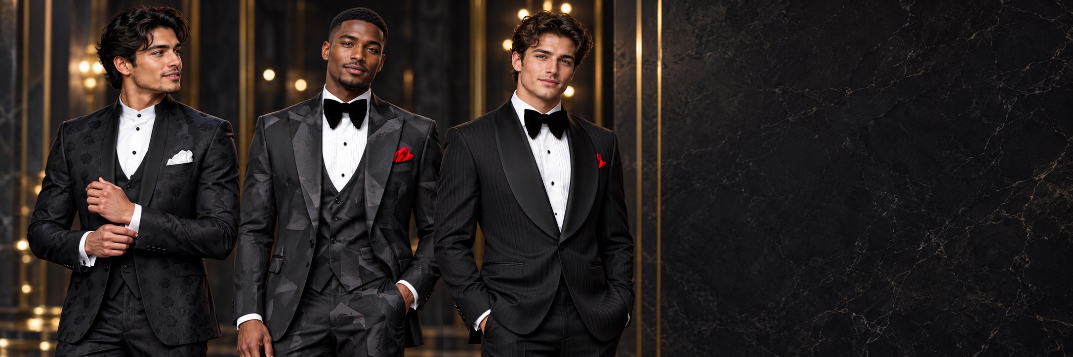 Black Prom Suits & Tuxedos — Floral Mandarin, Abstract Designer and Striped Shawl Lapels from Gentlemansguru.com Three models wearing black prom suits and tuxedos in tonal floral Mandarin collar, angular abstract three-piece and striped shawl-lapel designs from Gentlemansguru.com