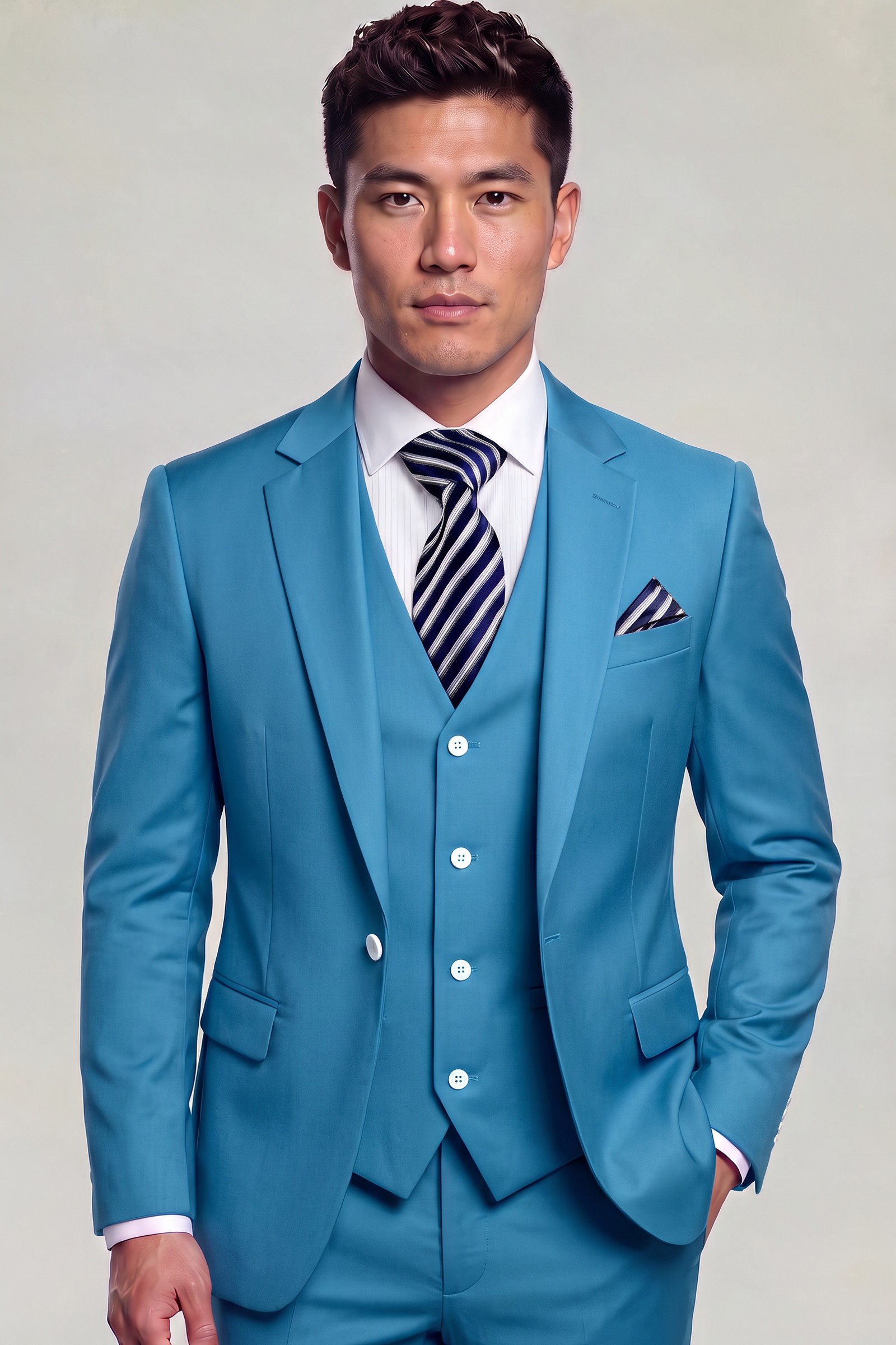 Cerulean light blue three-piece suit with notch lapels and striped necktie