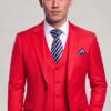 Classic all-red three-piece suit with notch lapels and striped necktie