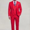 Full-length classic red three-piece prom suit with matching trousers