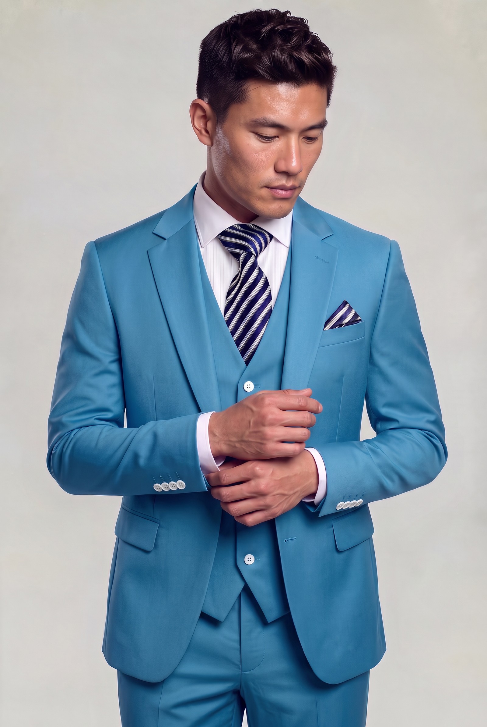 Light blue suit jacket and four-button vest in a cuff-adjusting pose