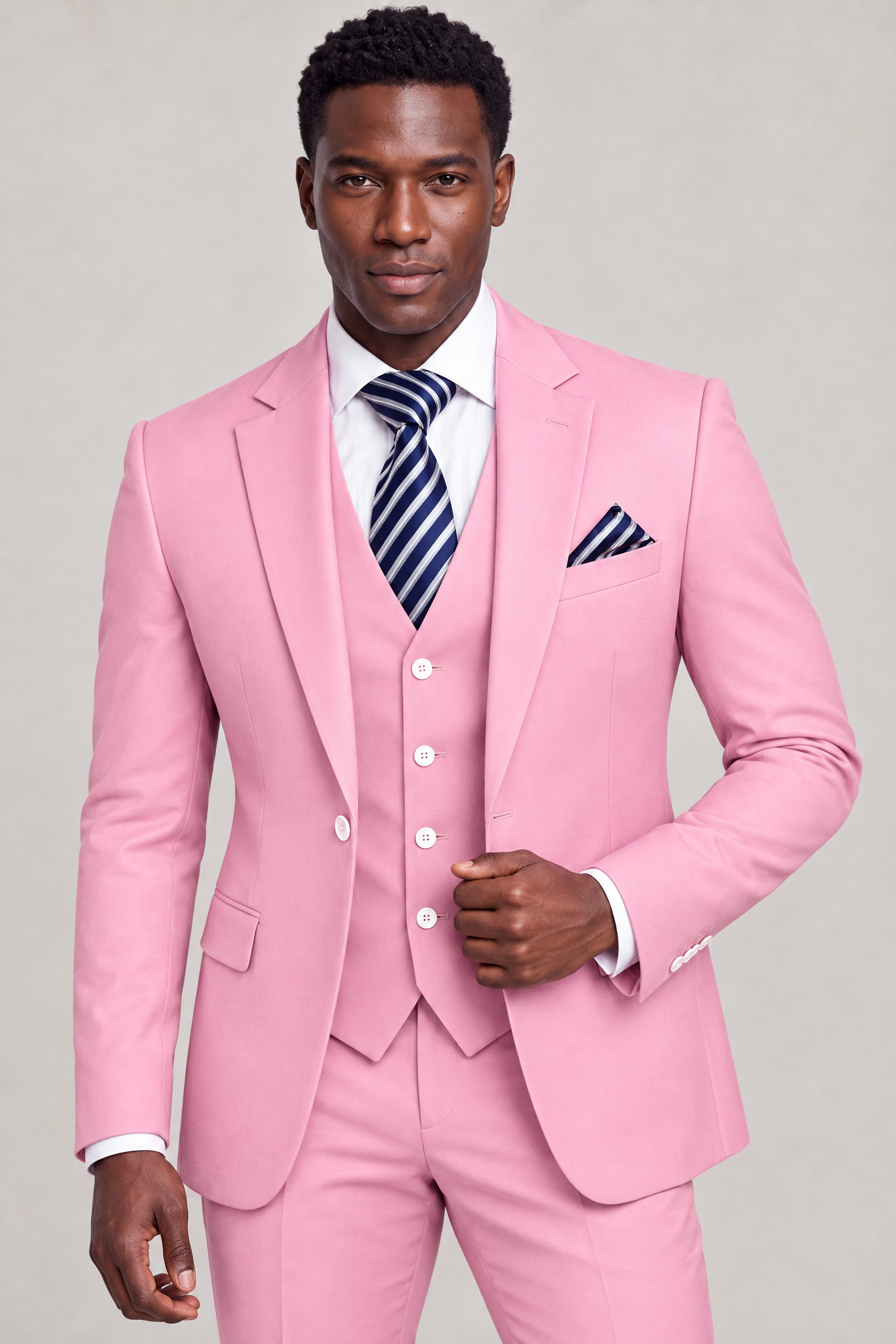 Light Pink Suit Jacket Length Thumbnail with Navy Striped Tie and Matching Pocket Square from Gentlemansguru.com